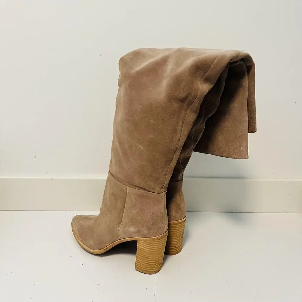 Jeffrey Campbell Boots Womens 11 Beige Suede Over Knee Slouch Block Heel Shoes